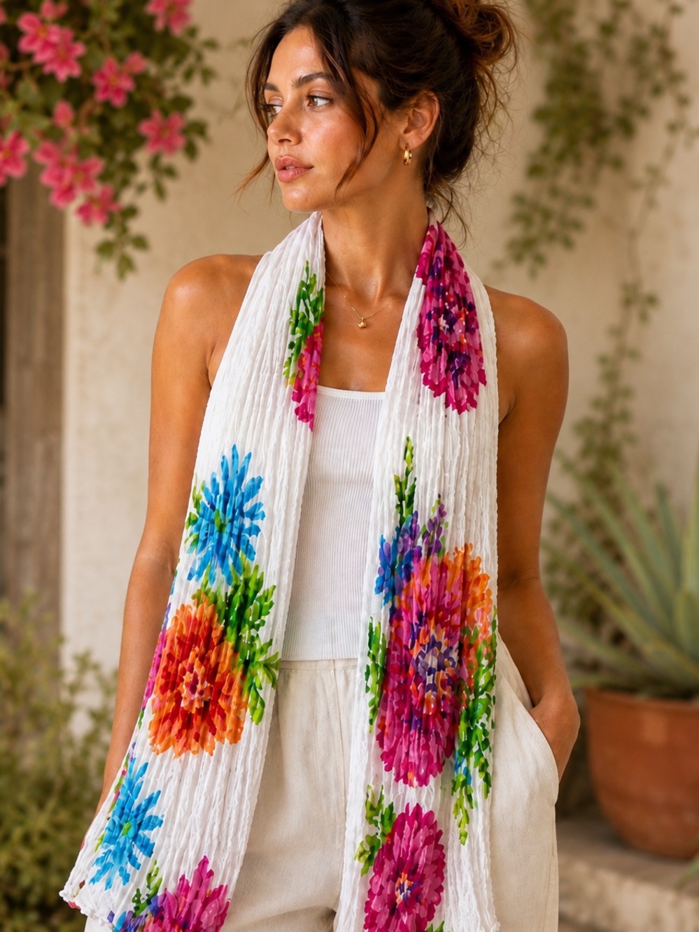 Colourful Floral Crinkle Cotton Scarf Boho Resort 20x70